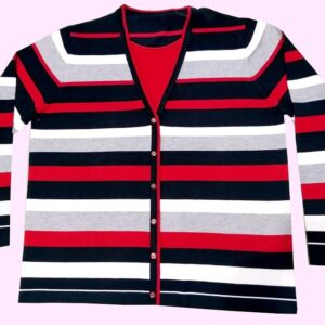 Ladies L/S non fuctional button cardigan allover stripe on 70% Viscose 30% Nylon in 12gg